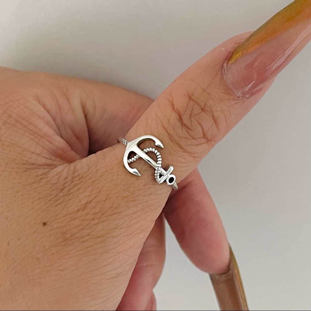 Sterling silver anchor with rope ring, anchor ring, rope ring, anchor with rope